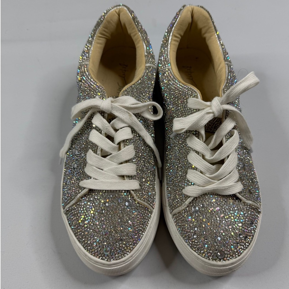 Betsey Johnson Sidny Sneakers Womens 9 Silver Rhinestone Platform Lace Up Shoes